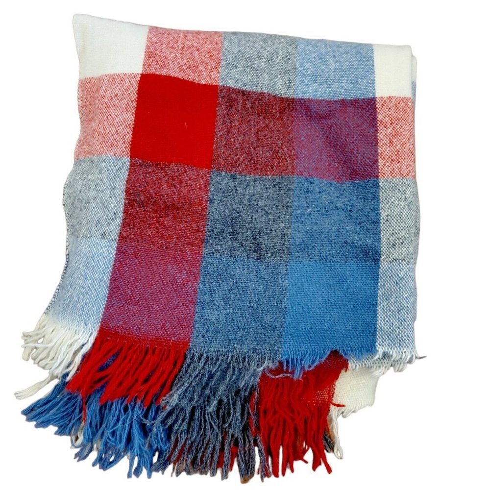 Vintage Faribo Wool Tartan Plaid Stadium Blanket Lap Throw‎ Car 47” x 50” Fringe